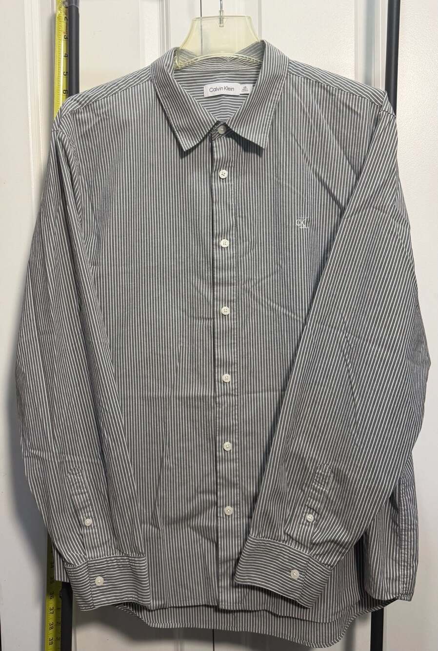 Calvin Klein Men's Long Sleeve Button Down Shirt Gray and White Striped